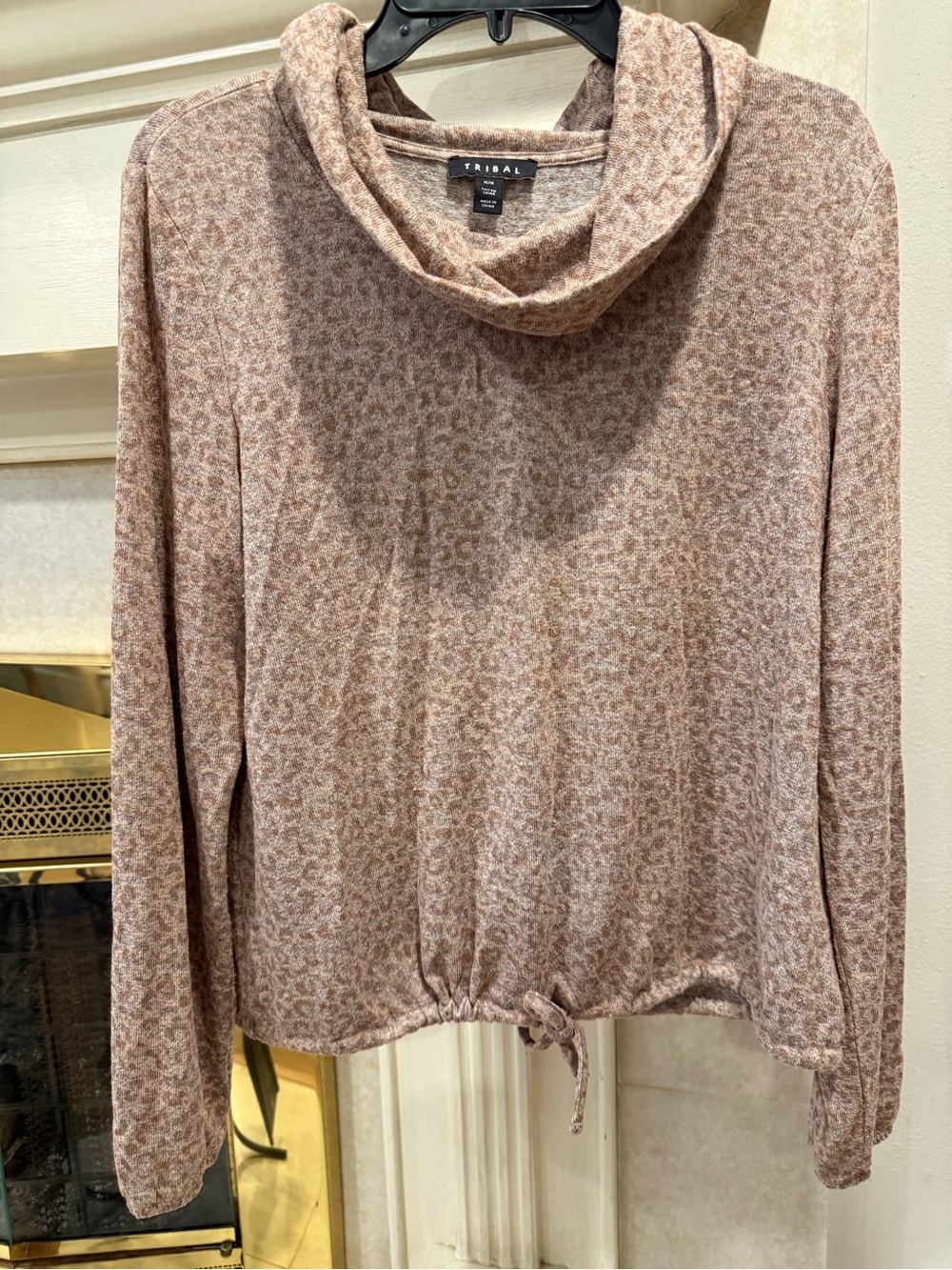 Tribal Taupe Leopard Cowl Neck Drawstring Sweater